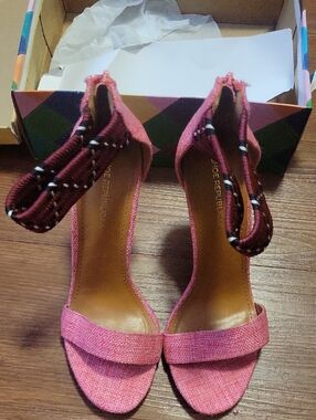 Shoe Republic LA Pink Open-Toe Ankle Strap Heels with Patterned Tie